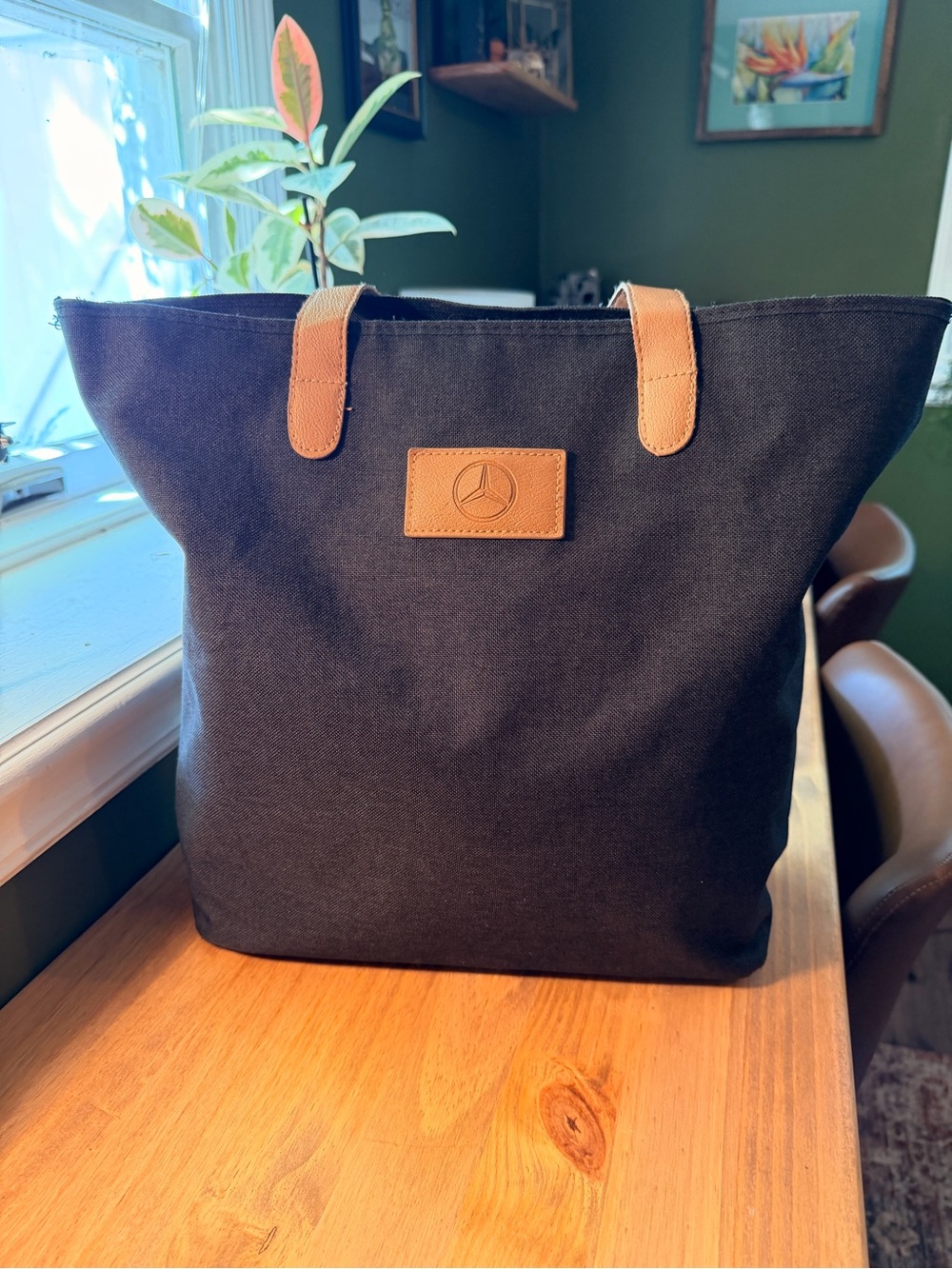 Mercedes Benz Heathers Black Canvas Tote with Tan Leather Trim and Logo